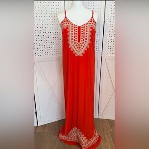 THML Boho Embroidered Maxi Dress Orange Red Tribal Geometric Festival Size M